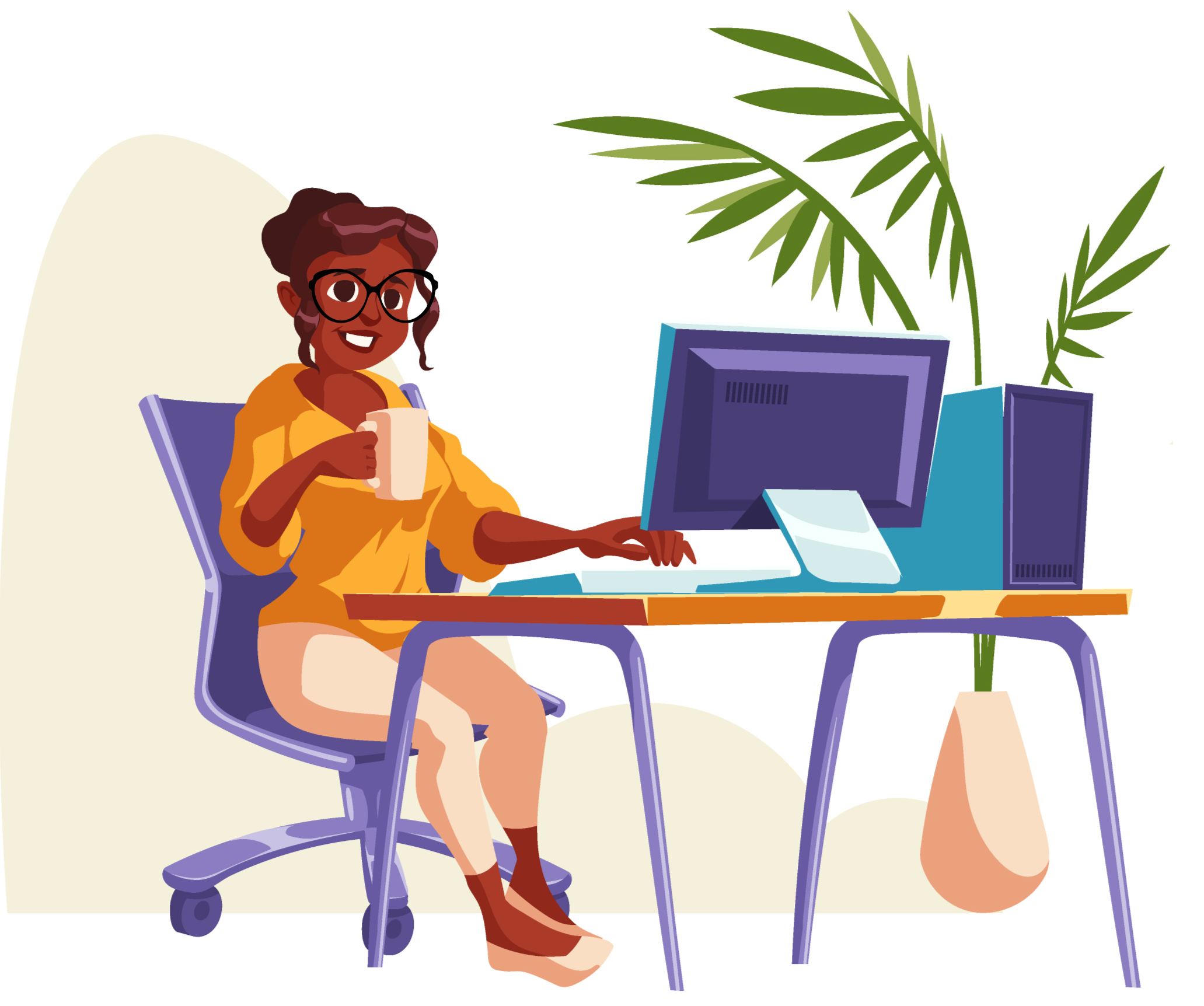 Claire Annan, a Black female with glasses, codes at her laptop sipping coffee.